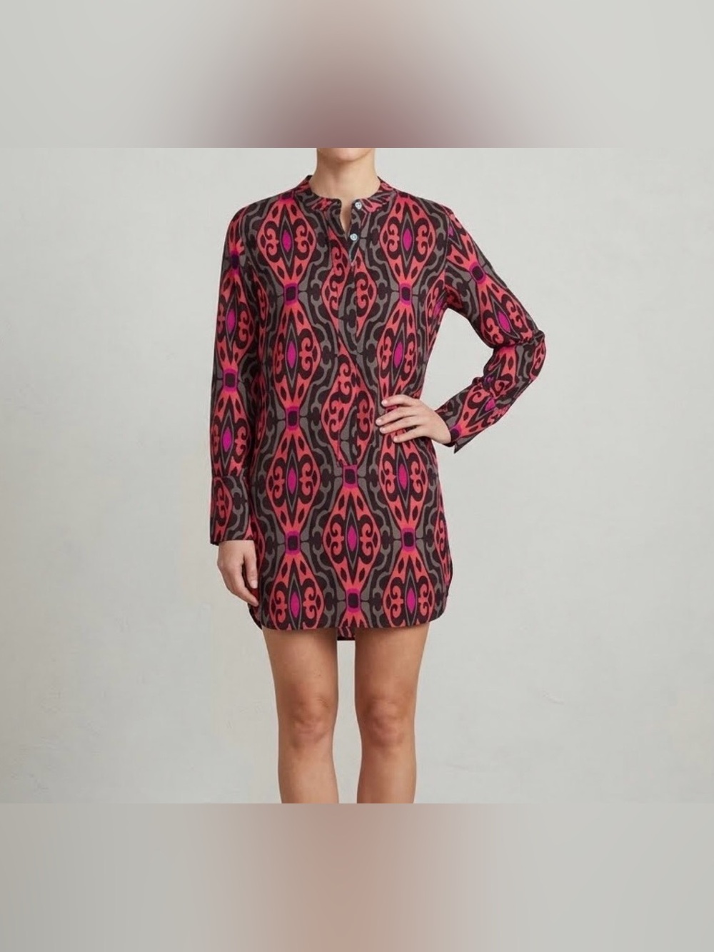 Escapada Living Geometric Damask Tunic Blouse Pink Black Long Sleeve Size S